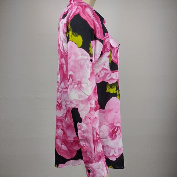 Karl Lagerfeld black pink floral print long sleeve button front shirt Medium - Picture 3 of 7